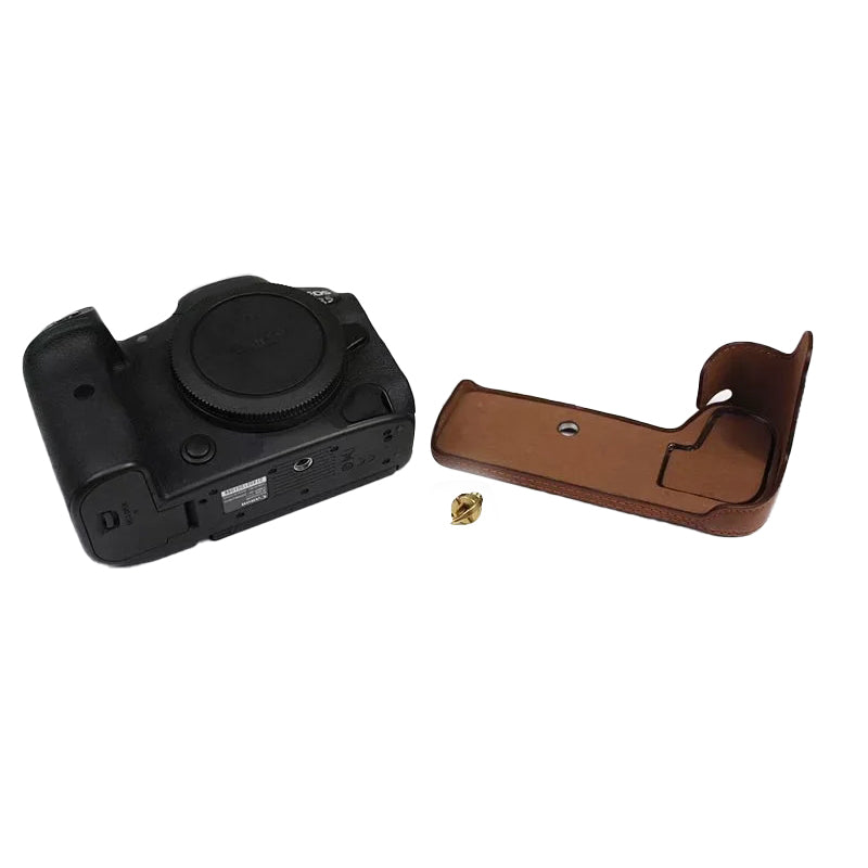 Uniqkart for Canon EOS R5 / R6 / R62 PU Leather Camera Bottom Case Battery Opening Design Flannel Lining Protective Half Body Cover - Coffee