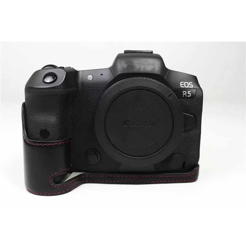 Uniqkart for Canon EOS R5 / R6 / R62 PU Leather Camera Bottom Case Battery Opening Design Flannel Lining Protective Half Body Cover - Black
