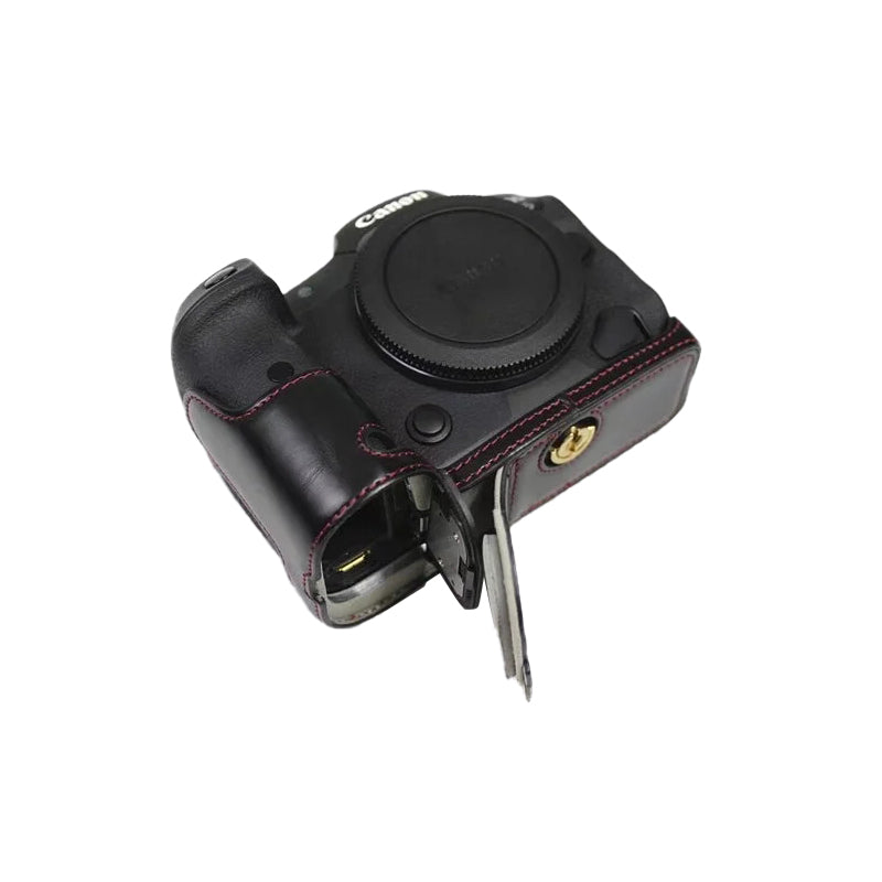 Uniqkart for Canon EOS R5 / R6 / R62 PU Leather Camera Bottom Case Battery Opening Design Flannel Lining Protective Half Body Cover - Black