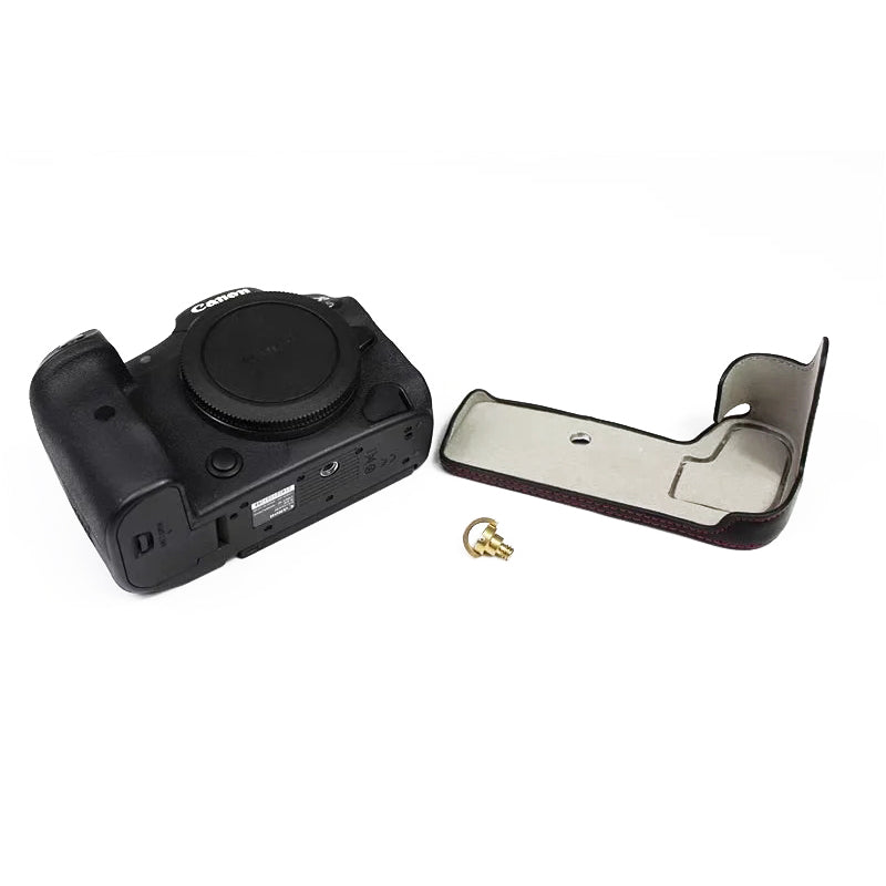 Uniqkart for Canon EOS R5 / R6 / R62 PU Leather Camera Bottom Case Battery Opening Design Flannel Lining Protective Half Body Cover - Black