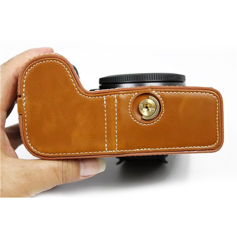 Uniqkart for Canon EOS R5 / R6 / R62 PU Leather Camera Bottom Case Battery Opening Design Flannel Lining Protective Half Body Cover - Brown