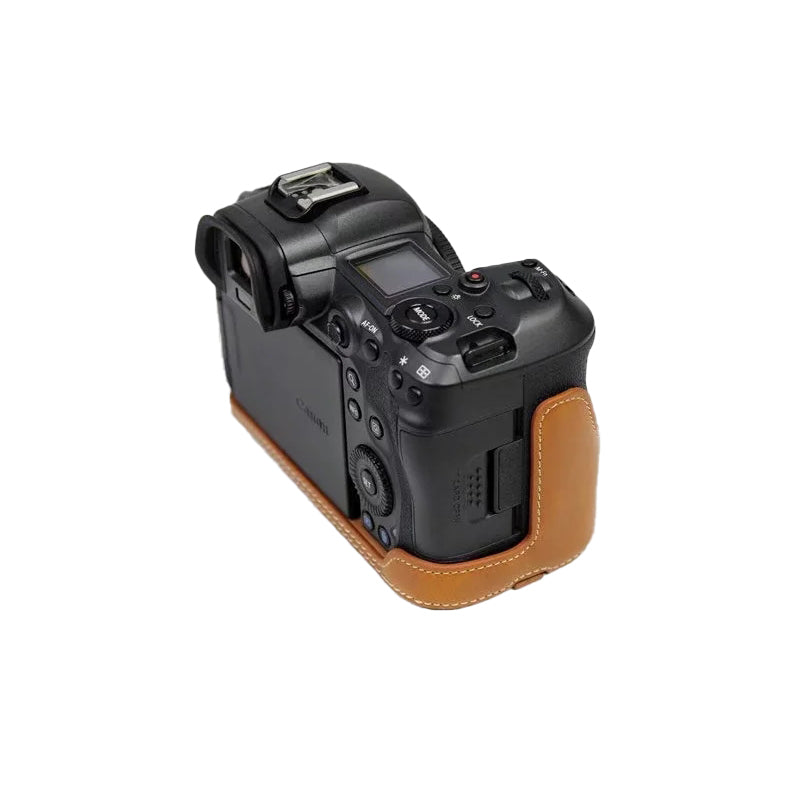 Uniqkart for Canon EOS R5 / R6 / R62 PU Leather Camera Bottom Case Battery Opening Design Flannel Lining Protective Half Body Cover - Brown