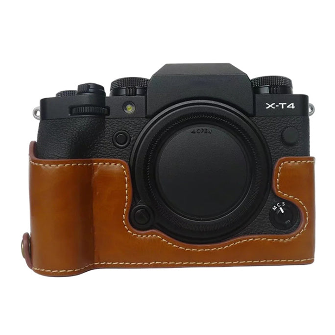 Uniqkart for Fujifilm X-T4 Digital Camera PU Leather Protective Bottom Case Anti-scratch Half Body Cover with Battery Opening - Brown