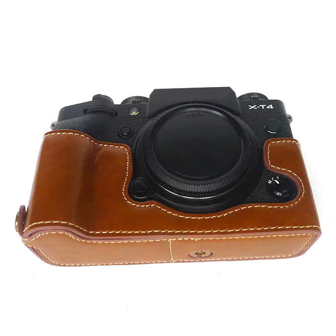 Uniqkart for Fujifilm X-T4 Digital Camera PU Leather Protective Bottom Case Anti-scratch Half Body Cover with Battery Opening - Brown