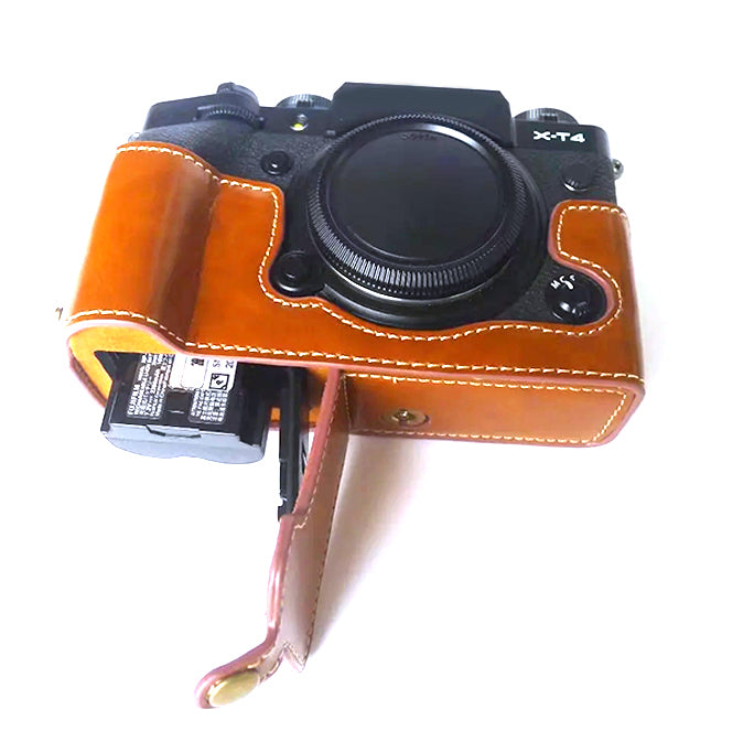 Uniqkart for Fujifilm X-T4 Digital Camera PU Leather Protective Bottom Case Anti-scratch Half Body Cover with Battery Opening - Brown