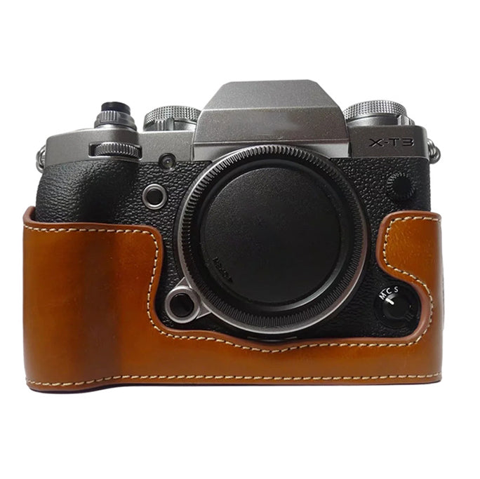 Uniqkart for Fujifilm X-T3 Digital Camera PU Leather Protective Bottom Case Battery Opening Design Half Body Cover - Brown