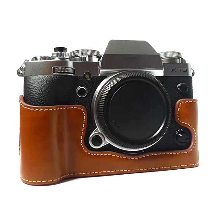 Uniqkart for Fujifilm X-T3 Digital Camera PU Leather Protective Bottom Case Battery Opening Design Half Body Cover - Brown