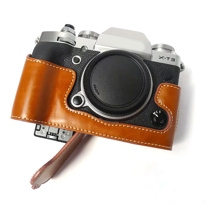 Uniqkart for Fujifilm X-T3 Digital Camera PU Leather Protective Bottom Case Battery Opening Design Half Body Cover - Brown