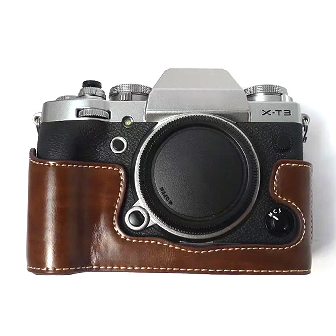 Uniqkart for Fujifilm X-T3 Digital Camera PU Leather Protective Bottom Case Battery Opening Design Half Body Cover - Coffee