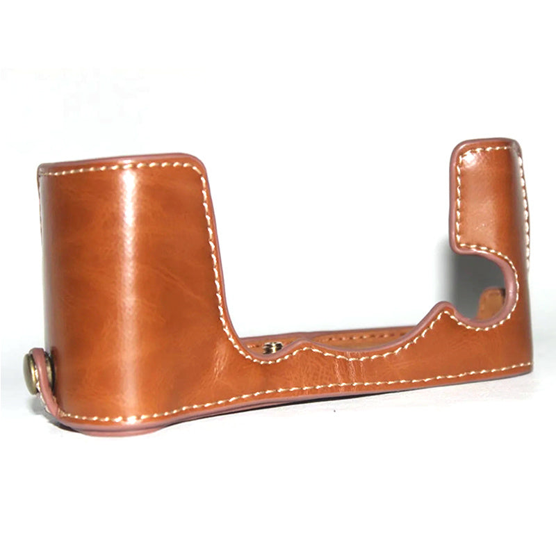 Uniqkart for Fujifilm X-E3 Camera PU Leather Bottom Case Battery Opening Design Half Body Protective Cover with Hand Strap - Brown