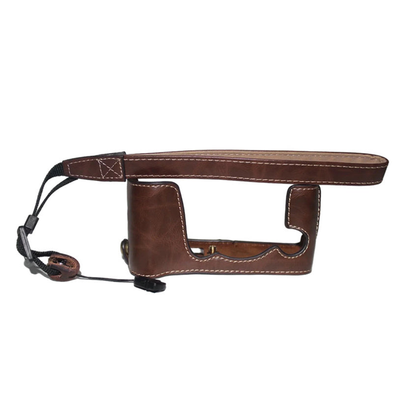 Uniqkart for Fujifilm X-E3 Camera PU Leather Bottom Case Battery Opening Design Half Body Protective Cover with Hand Strap - Coffee