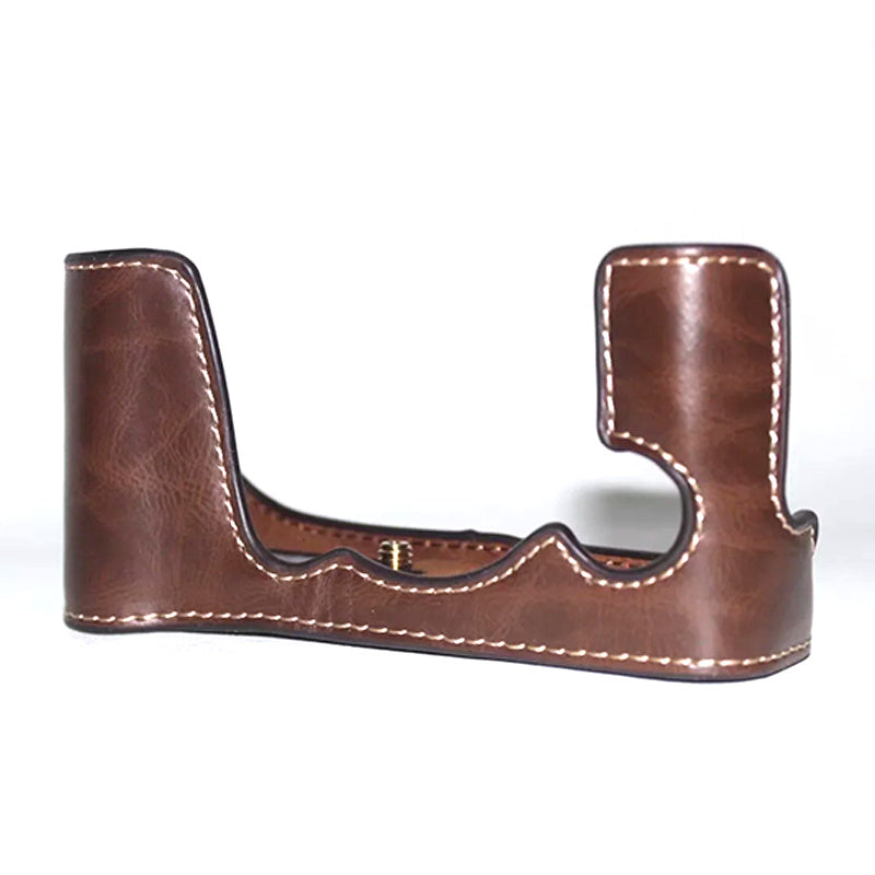 Uniqkart for Fujifilm X-E3 Camera PU Leather Bottom Case Battery Opening Design Half Body Protective Cover with Hand Strap - Coffee