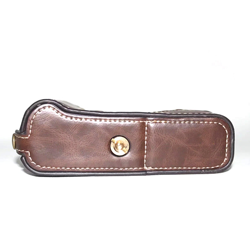 Uniqkart for Fujifilm X-E3 Camera PU Leather Bottom Case Battery Opening Design Half Body Protective Cover with Hand Strap - Coffee