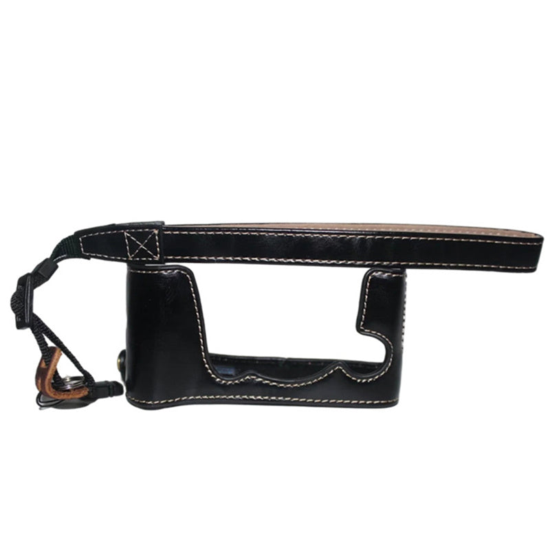 Uniqkart for Fujifilm X-E3 Camera PU Leather Bottom Case Battery Opening Design Half Body Protective Cover with Hand Strap - Black