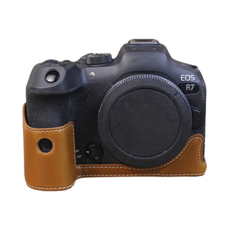 Uniqkart for Canon EOS R7 Digital Camera Bottom Case PU Leather Half Body Protective Cover with Battery Opening Design - Brown