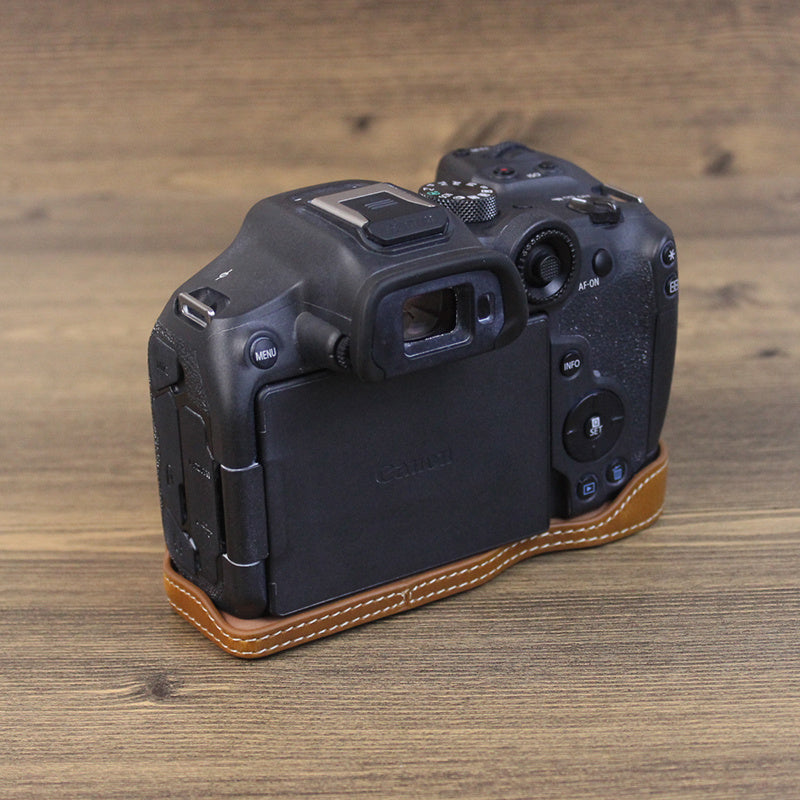 Uniqkart for Canon EOS R7 Digital Camera Bottom Case PU Leather Half Body Protective Cover with Battery Opening Design - Brown