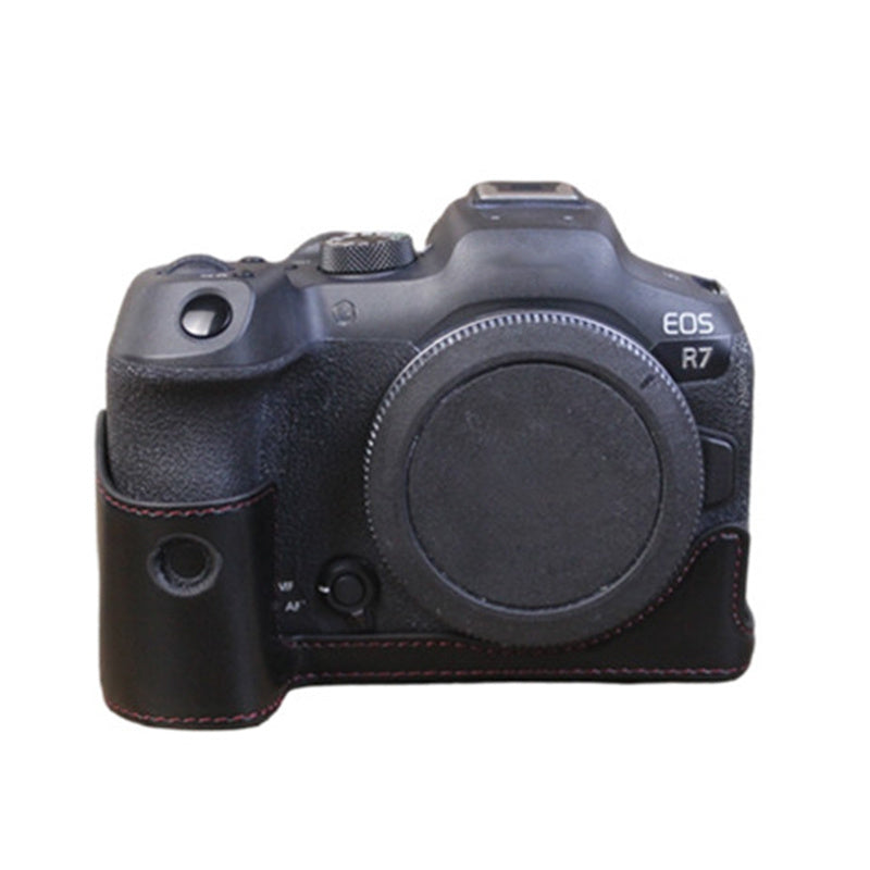 Uniqkart for Canon EOS R7 Digital Camera Bottom Case PU Leather Half Body Protective Cover with Battery Opening Design - Black