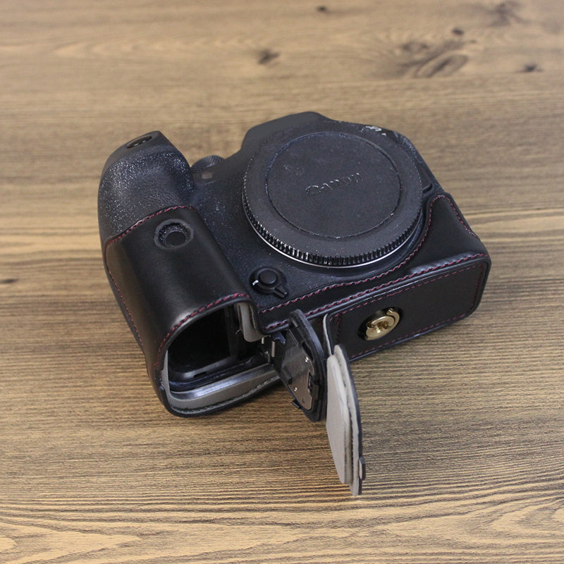 Uniqkart for Canon EOS R7 Digital Camera Bottom Case PU Leather Half Body Protective Cover with Battery Opening Design - Black