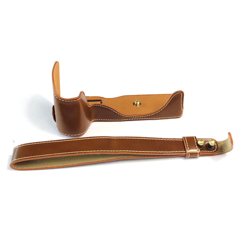 Uniqkart for Canon EOS RP PU Leather Camera Bottom Case with Hand Strap, Battery Opening Design Half Body Protective Cover - Brown