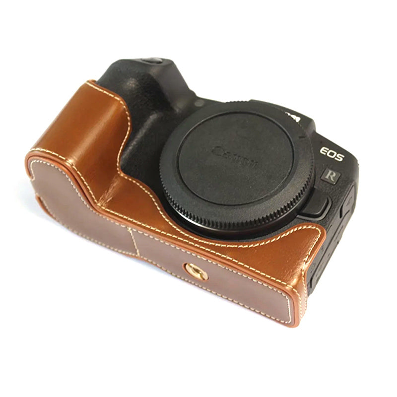 Uniqkart for Canon EOS RP PU Leather Camera Bottom Case with Hand Strap, Battery Opening Design Half Body Protective Cover - Brown