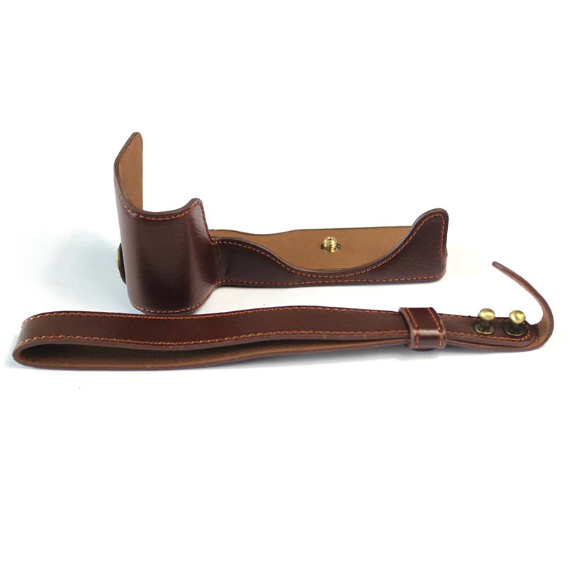 Uniqkart for Canon EOS RP Genuine Leather Half Body Protective Cover Battery Opening Design Camera Bottom Case with Hand Strap - Coffee