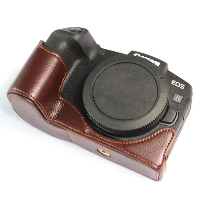 Uniqkart for Canon EOS RP Genuine Leather Half Body Protective Cover Battery Opening Design Camera Bottom Case with Hand Strap - Coffee