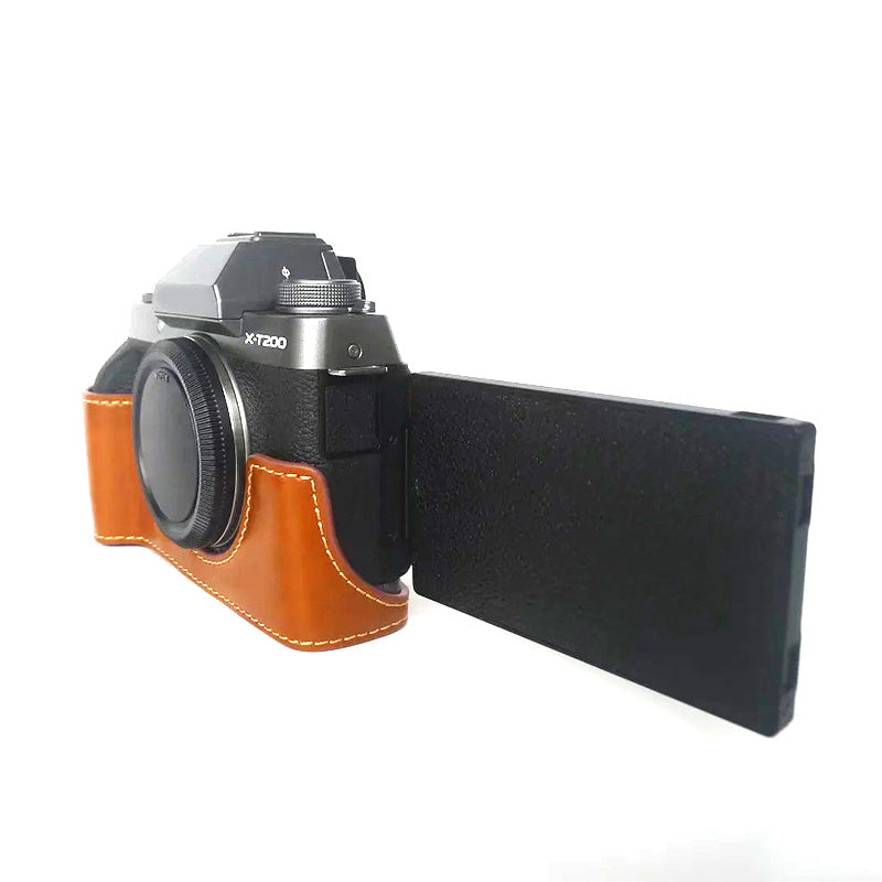 Uniqkart for Fujifilm X-T200 Digital Camera Protective Bottom Case Anti-scratch PU Leather Half Body Cover with Battery Opening - Brown