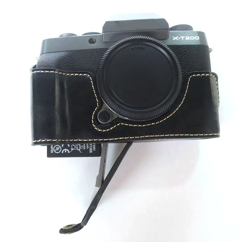 Uniqkart for Fujifilm X-T200 Digital Camera Protective Bottom Case Anti-scratch PU Leather Half Body Cover with Battery Opening - Black