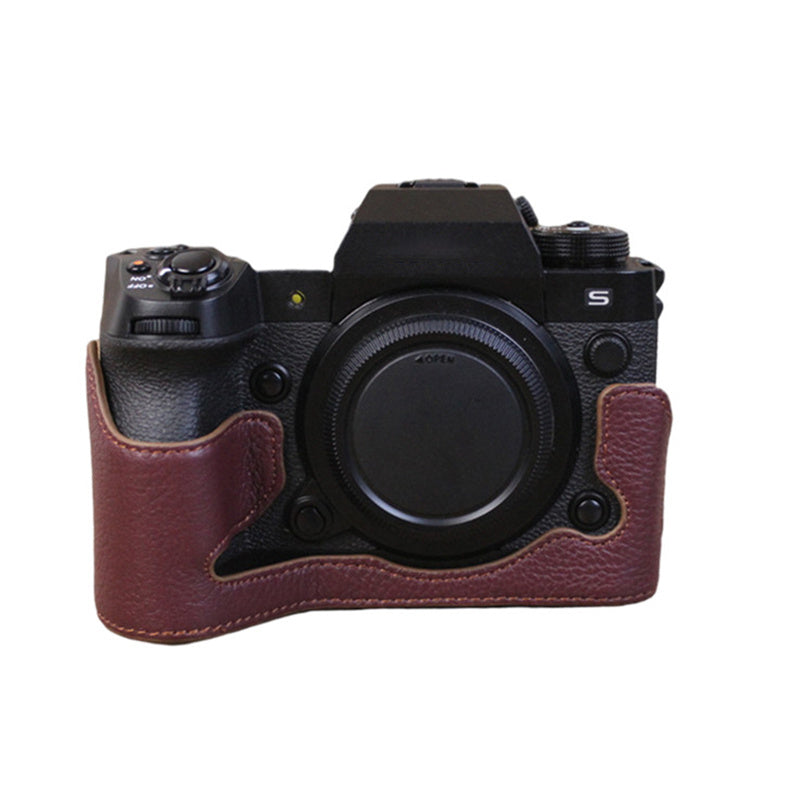 Uniqkart for Fujifilm X-H2s / X-H2 Camera Bottom Shell Genuine Leather Large Opening Design Protective Half Body Cover - Coffee