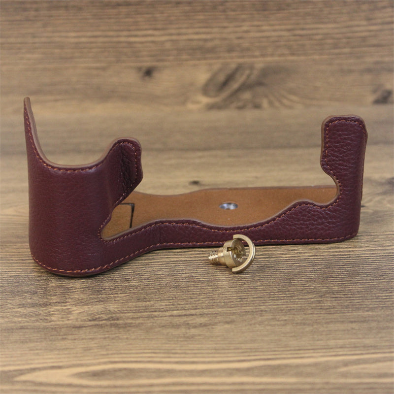 Uniqkart for Fujifilm X-H2s / X-H2 Camera Bottom Shell Genuine Leather Large Opening Design Protective Half Body Cover - Coffee