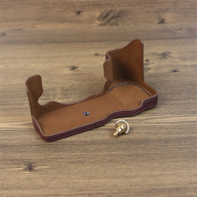 Uniqkart for Fujifilm X-H2s / X-H2 Camera Bottom Shell Genuine Leather Large Opening Design Protective Half Body Cover - Coffee