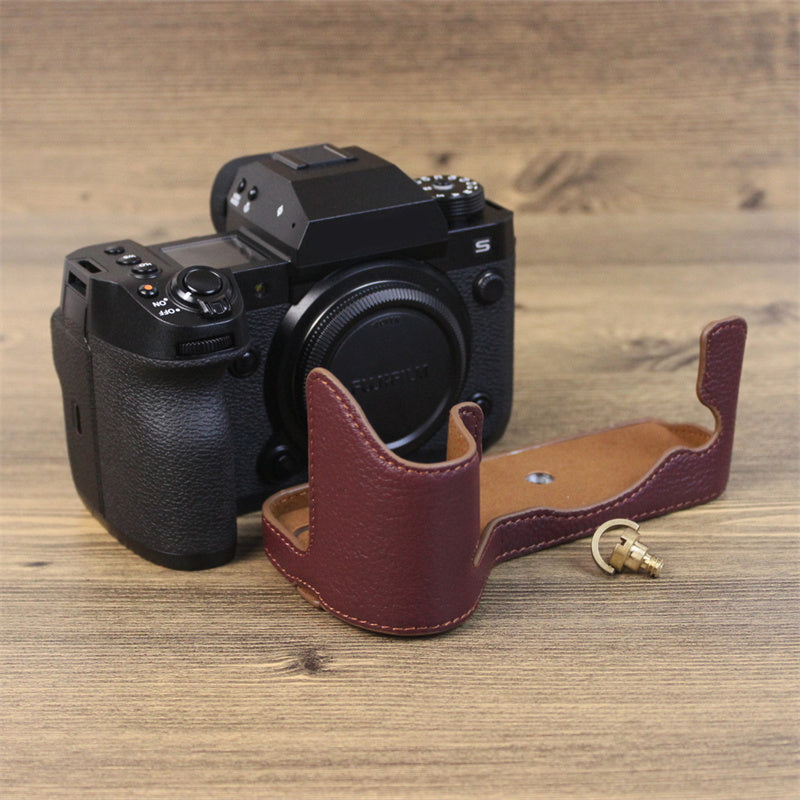 Uniqkart for Fujifilm X-H2s / X-H2 Camera Bottom Shell Genuine Leather Large Opening Design Protective Half Body Cover - Coffee