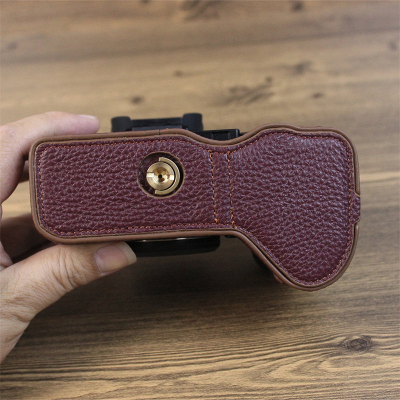 Uniqkart for Fujifilm X-H2s / X-H2 Camera Bottom Shell Genuine Leather Large Opening Design Protective Half Body Cover - Coffee