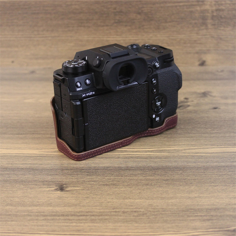 Uniqkart for Fujifilm X-H2s / X-H2 Camera Bottom Shell Genuine Leather Large Opening Design Protective Half Body Cover - Coffee