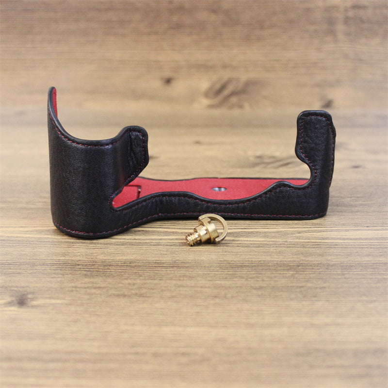 Uniqkart for Fujifilm X-H2s / X-H2 Camera Bottom Shell Genuine Leather Large Opening Design Protective Half Body Cover - Black