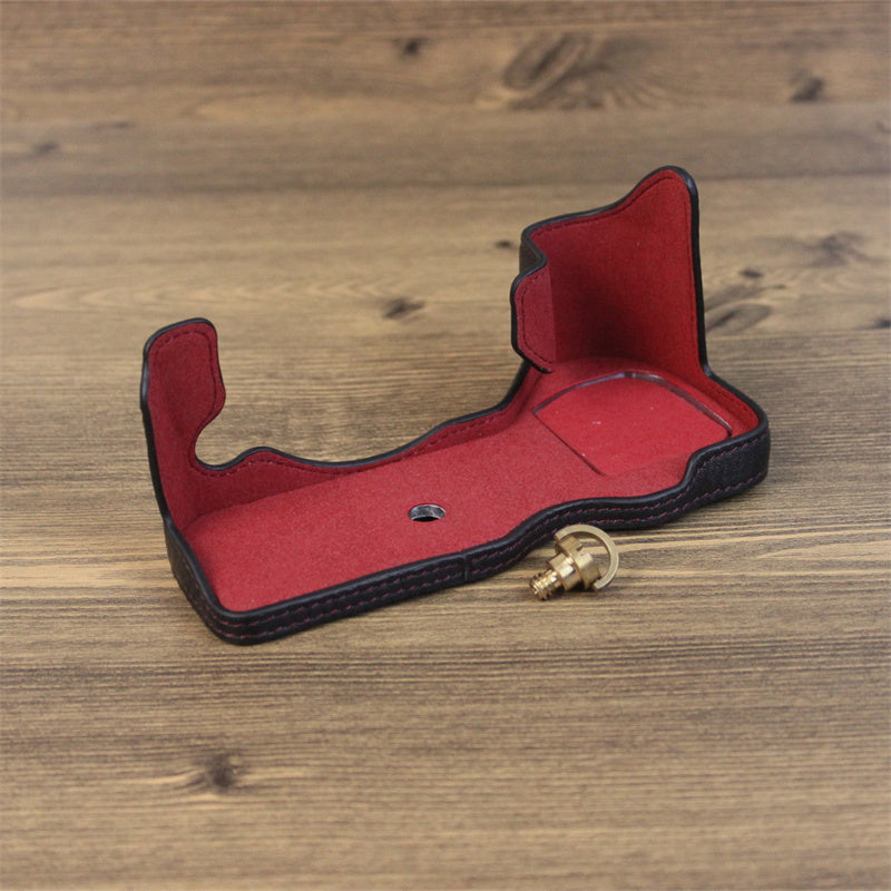 Uniqkart for Fujifilm X-H2s / X-H2 Camera Bottom Shell Genuine Leather Large Opening Design Protective Half Body Cover - Black