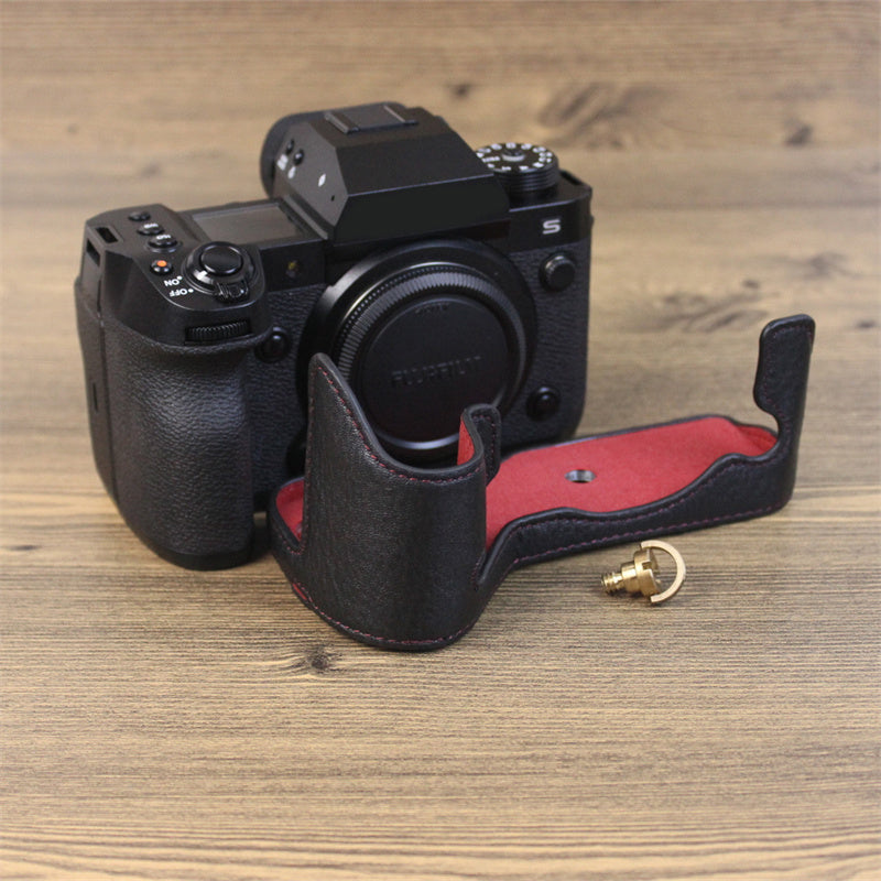 Uniqkart for Fujifilm X-H2s / X-H2 Camera Bottom Shell Genuine Leather Large Opening Design Protective Half Body Cover - Black