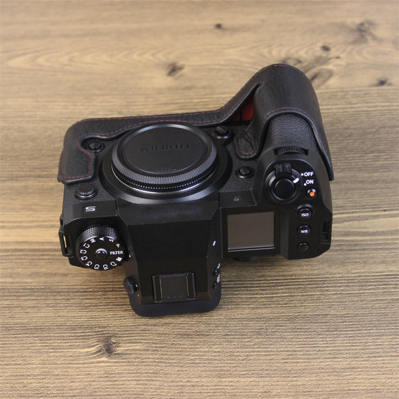 Uniqkart for Fujifilm X-H2s / X-H2 Camera Bottom Shell Genuine Leather Large Opening Design Protective Half Body Cover - Black