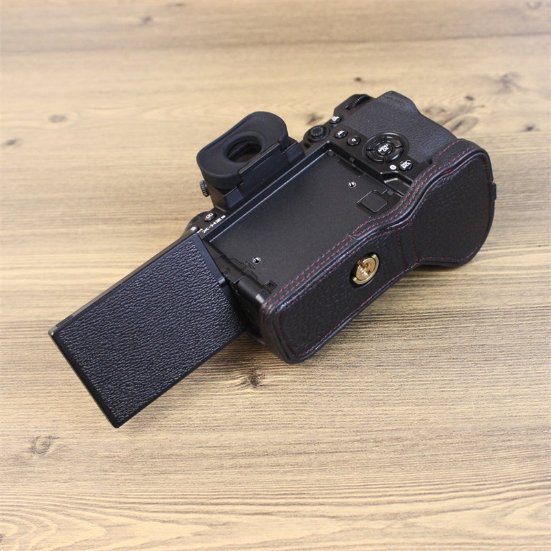 Uniqkart for Fujifilm X-H2s / X-H2 Camera Bottom Shell Genuine Leather Large Opening Design Protective Half Body Cover - Black
