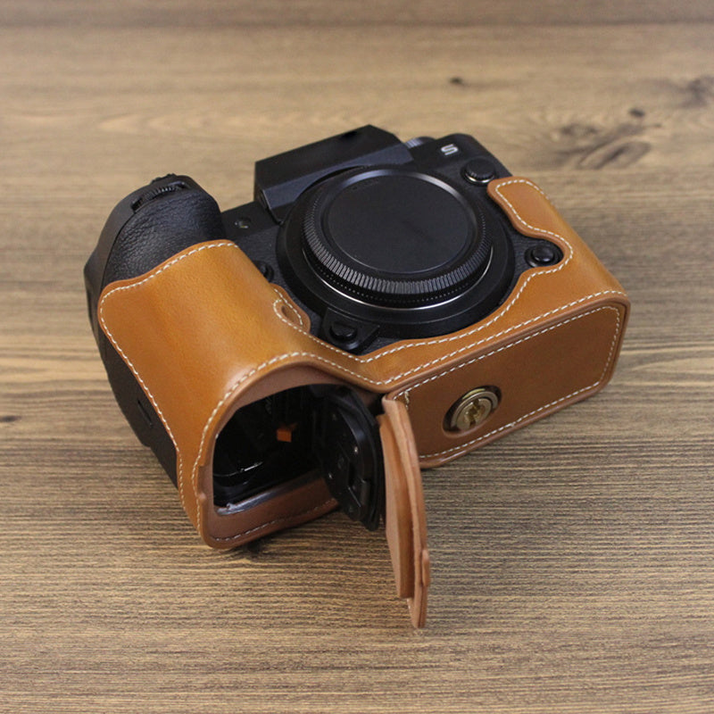 Uniqkart for Fujifilm X-H2s / X-H2 PU Leather Anti-scratch Camera Bottom Cover Large Opening Design Protective Half Body Case - Brown