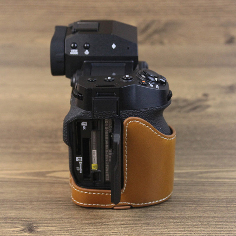 Uniqkart for Fujifilm X-H2s / X-H2 PU Leather Anti-scratch Camera Bottom Cover Large Opening Design Protective Half Body Case - Brown