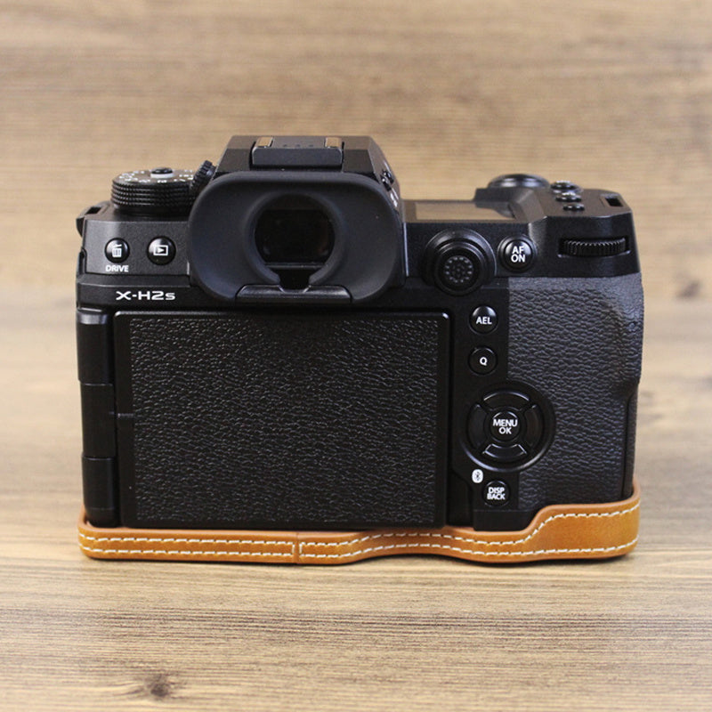 Uniqkart for Fujifilm X-H2s / X-H2 PU Leather Anti-scratch Camera Bottom Cover Large Opening Design Protective Half Body Case - Brown