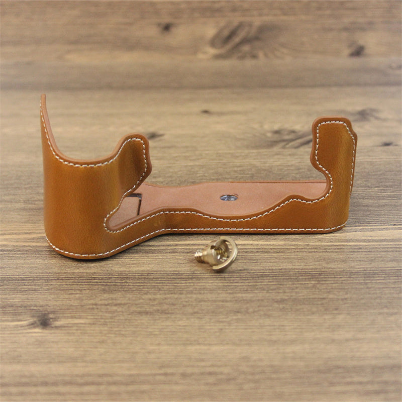 Uniqkart for Fujifilm X-H2s / X-H2 PU Leather Anti-scratch Camera Bottom Cover Large Opening Design Protective Half Body Case - Brown