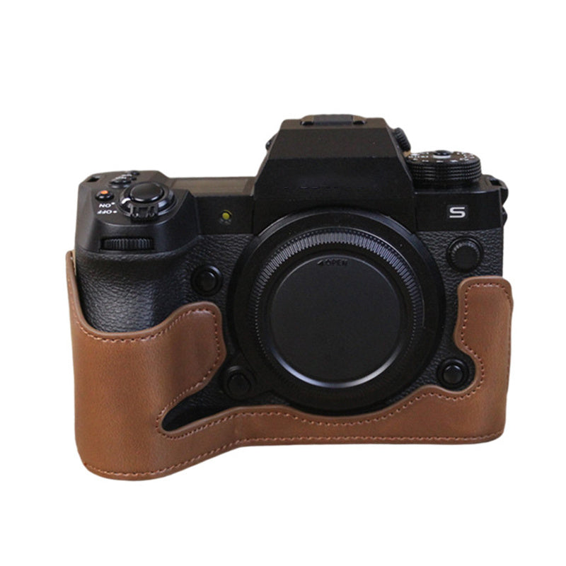 Uniqkart for Fujifilm X-H2s / X-H2 PU Leather Anti-scratch Camera Bottom Cover Large Opening Design Protective Half Body Case - Coffee