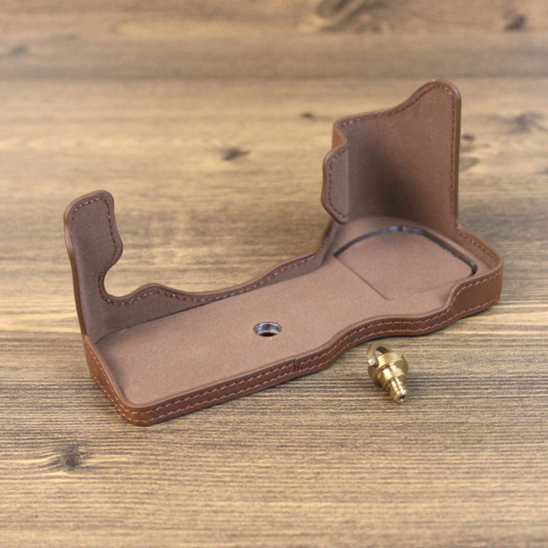 Uniqkart for Fujifilm X-H2s / X-H2 PU Leather Anti-scratch Camera Bottom Cover Large Opening Design Protective Half Body Case - Coffee