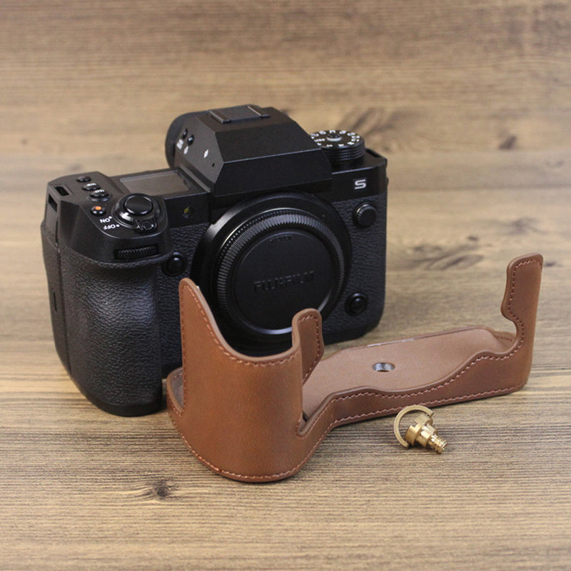 Uniqkart for Fujifilm X-H2s / X-H2 PU Leather Anti-scratch Camera Bottom Cover Large Opening Design Protective Half Body Case - Coffee