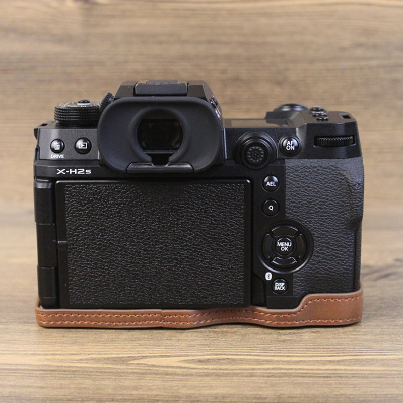 Uniqkart for Fujifilm X-H2s / X-H2 PU Leather Anti-scratch Camera Bottom Cover Large Opening Design Protective Half Body Case - Coffee