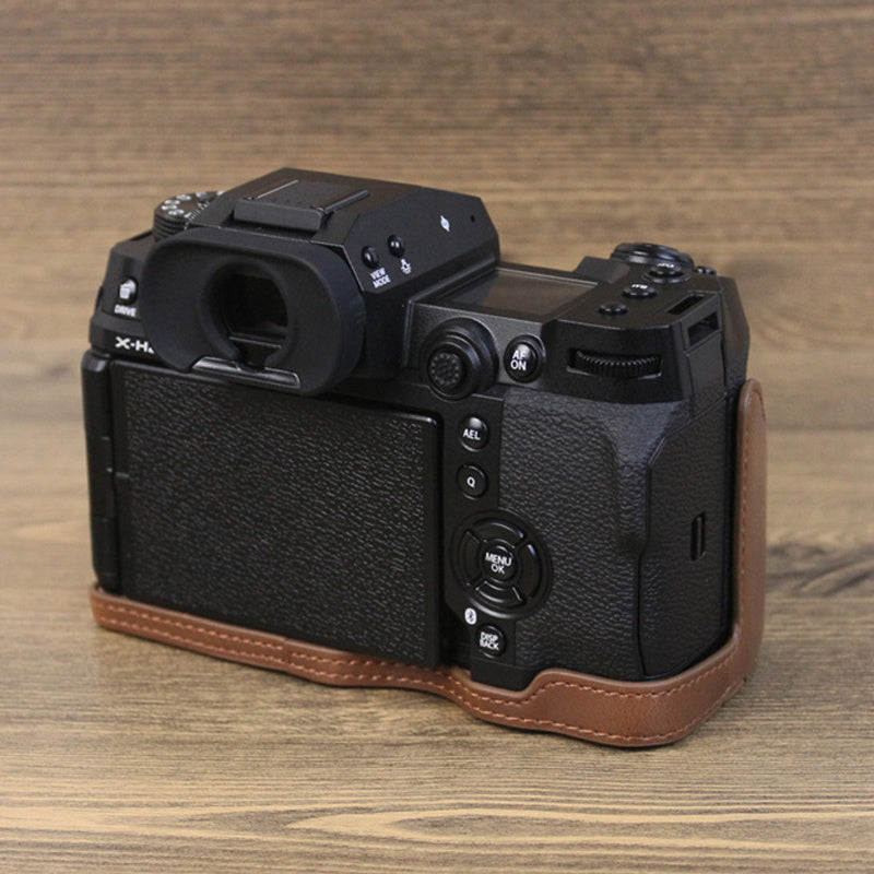 Uniqkart for Fujifilm X-H2s / X-H2 PU Leather Anti-scratch Camera Bottom Cover Large Opening Design Protective Half Body Case - Coffee