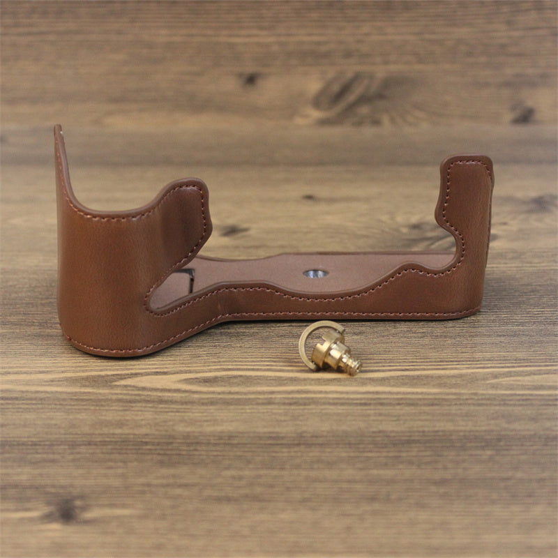 Uniqkart for Fujifilm X-H2s / X-H2 PU Leather Anti-scratch Camera Bottom Cover Large Opening Design Protective Half Body Case - Coffee