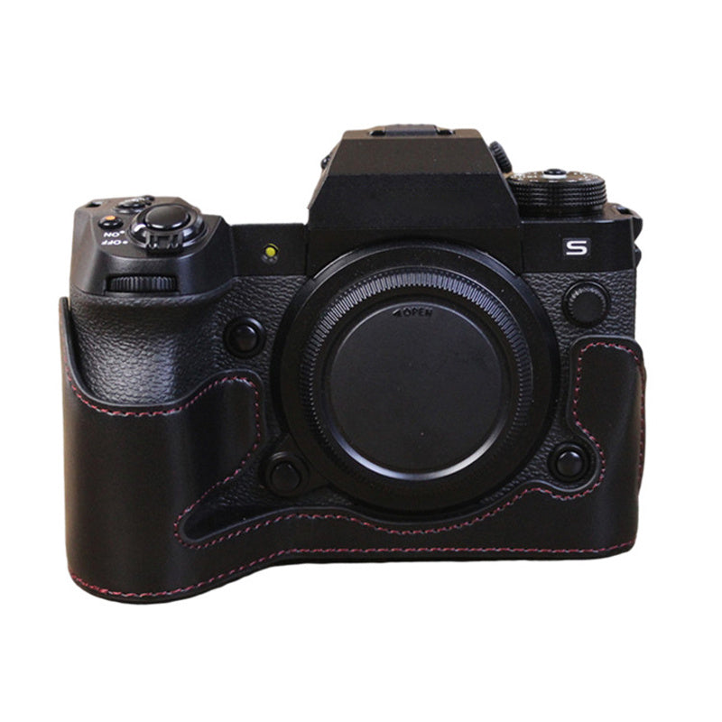 Uniqkart for Fujifilm X-H2s / X-H2 PU Leather Anti-scratch Camera Bottom Cover Large Opening Design Protective Half Body Case - Black